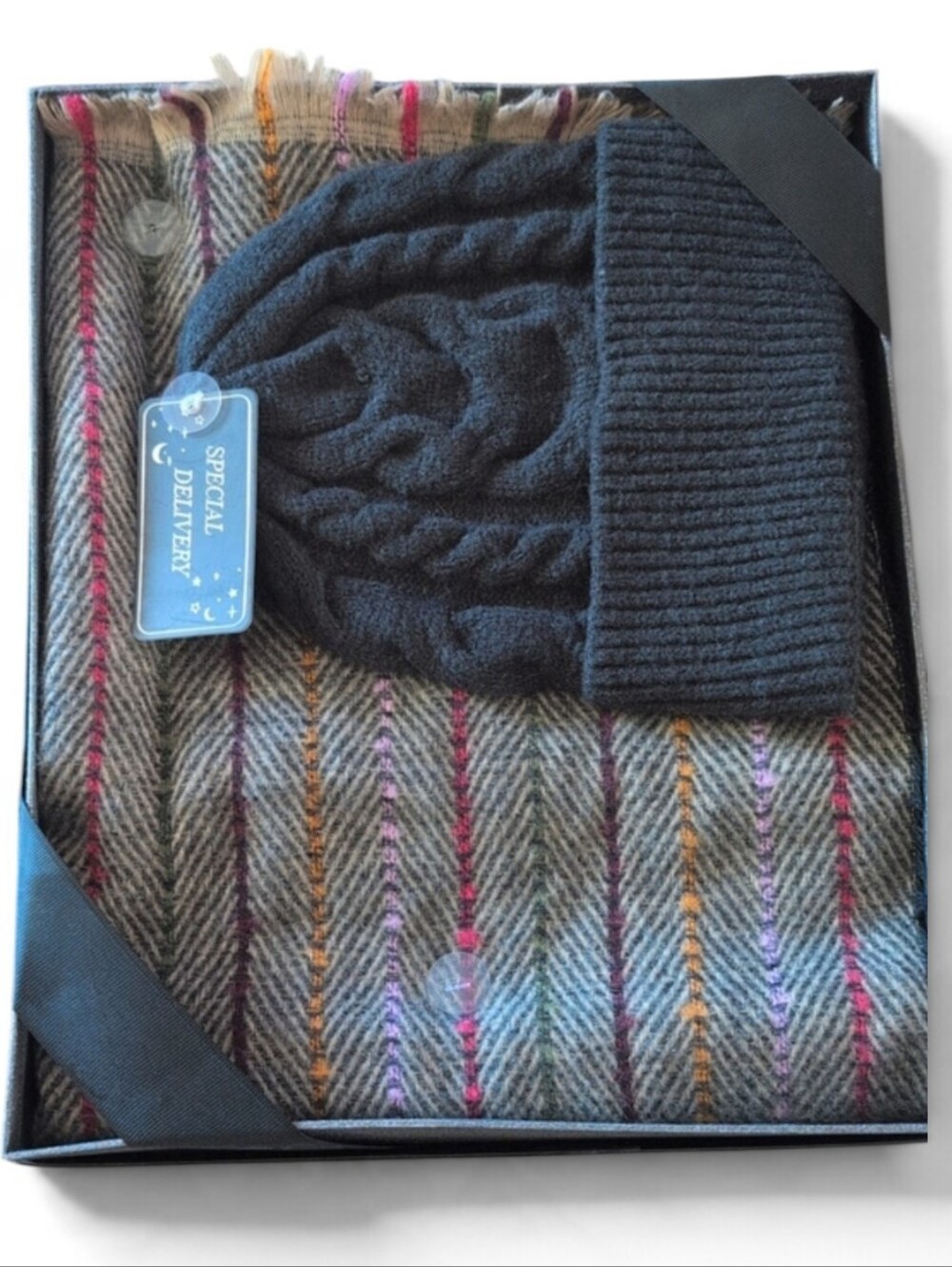 Vince Camuto Woman's Black Cable Knit Beanie & Multicolor Stripe Scarf Gift Set
